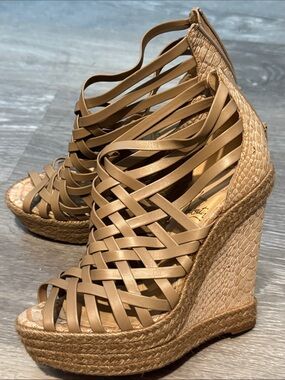 Christian Louboutin Tan Woven Leather Wedge Sandals